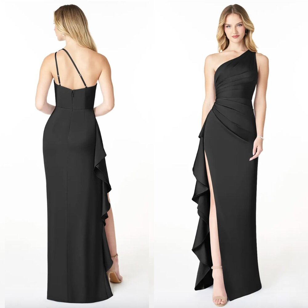 Azazie Latrice One Shoulder Ruffles Stretch Satin Maxi Dress